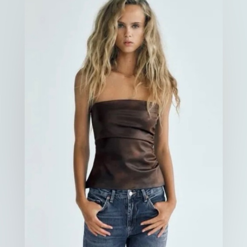 Zara Faux Brown Leather Strapless Top